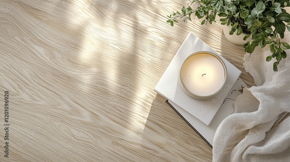 Poster in an inviting and serene setting, a single white candle sits gracefully atop a stack of books, comp