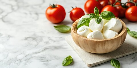 Fresh mozzarella cheese in a wooden bowl on a marble surface with bright red tomatoes and fresh basil leaves arranged harmoniously around it.
