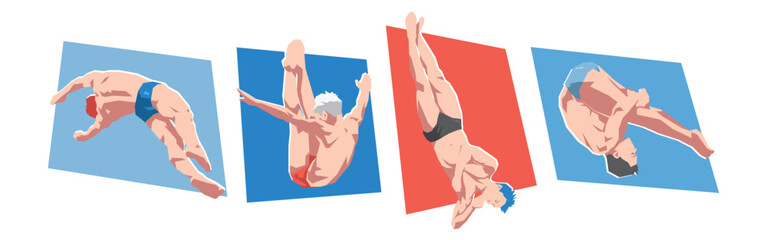Set of male diving sport. Female athlete character doing spin in the air. Flat vector illustration.