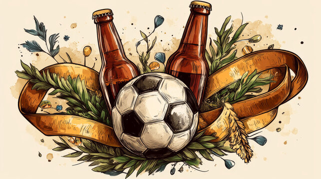 Sports bar icon of soccer ball and beer bottle for football pub and live fame championship or menu design. Vector isolated beer bottles and football ball in winner ribbon or victory laurel