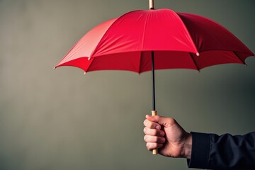 Vibrant Red Umbrella Held Against a Subtle Green Background Perfect for Fashion, Protection, and Rain-Themed Visuals