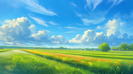 Fototapeta premium Vivid Green Fields with Wildflowers, Scenic Blue Sky, and Rural Countryside – Tranquil Landscape Illustration