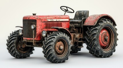Fototapeta premium Red vintage tractor, muddy, studio, farming, agriculture