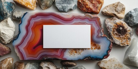Vibrant agate stone with colorful bands in red and orange placed centrally on a white card atop a white surface surrounded by natural stones