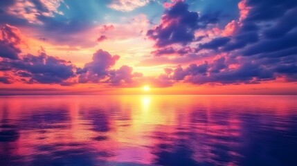 Naklejka premium Vibrant Sunset Over Calm Ocean Water Reflecting Colorful Clouds