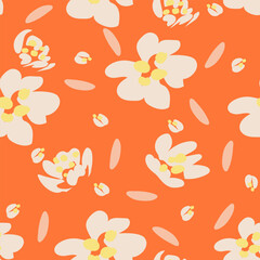 Vector illustration of a seamless floral pattern with bright orange tones as a background. And the cream-yellow flowers give a feeling of freshness and vitality. for background design