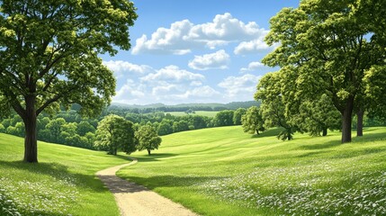 Serene Summer Meadow Path Leading Through Rolling Green Hills Under a Blue Sky
