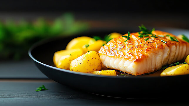Norwegian Klippfisk dried and salted cod, served with potatoes in a minimalist coastal setting, [Nordic cuisine, traditional preparation]