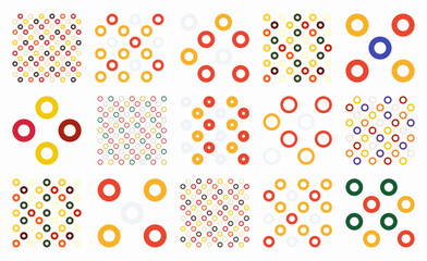 Lively seamless vector patterns with rings and circles arranged in grid, polka dot, lattice, mesh, or net formats. Ideal for vibrant wallpapers, backgrounds, textiles, and fun, modern projects.