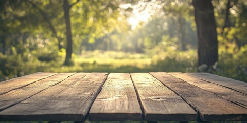 Wooden boards in the foreground with textured grain and warm brown tones, set against a blurred green leafy natural background with sunlight.