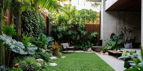 Fototapeta premium Lush green garden with vibrant foliage and modern seating area featuring concrete walls and wooden accents in a serene outdoor space