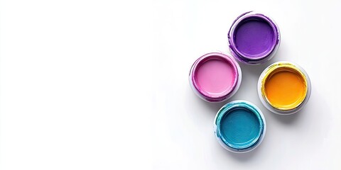 Colorful gouache paint containers arranged in a horizontal layout featuring purple yellow pink blue against a white background with ample copy space
