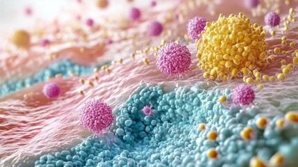 99.A scientific visualization of skin repair, with vibrant vitamin particles traveling through each layer. The rendering shows a clear transition from wrinkled, sagging cells to plump, healthy ones.