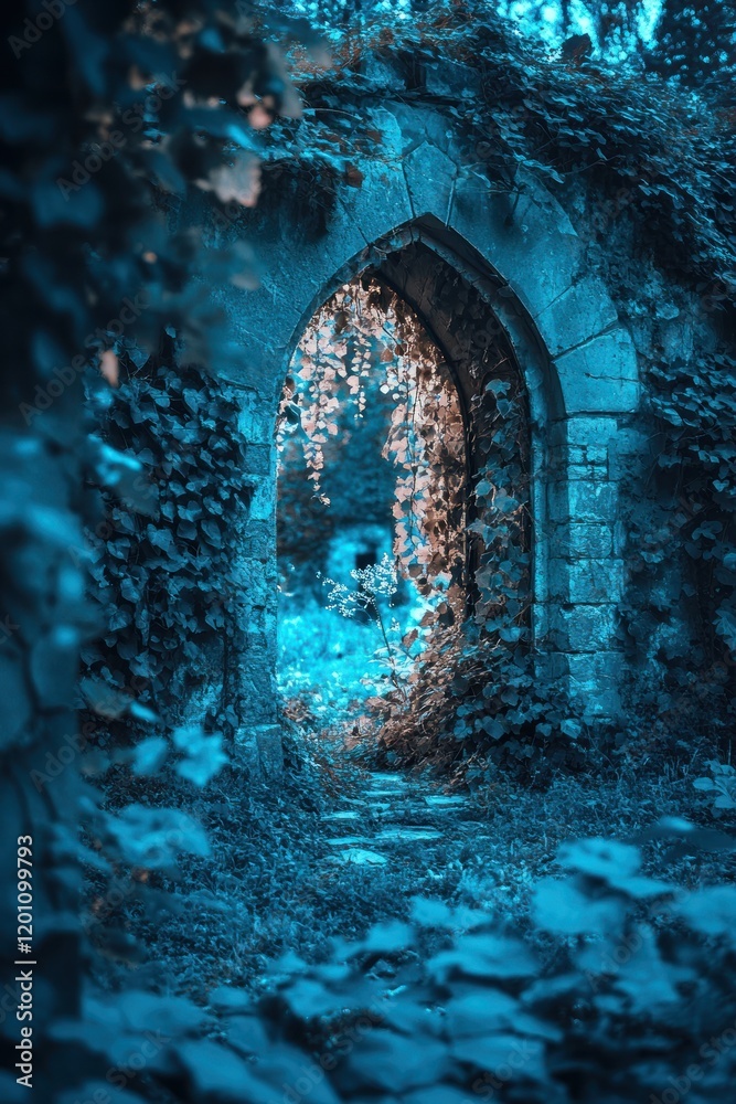 Canvas Prints Ancient stone archway, overgrown with lush foliage, leading into a mystical path.