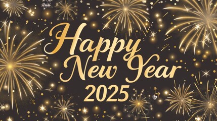TEXT "Happy New Year 2025 " Festive Fireworks Background Greeting Card Banner 