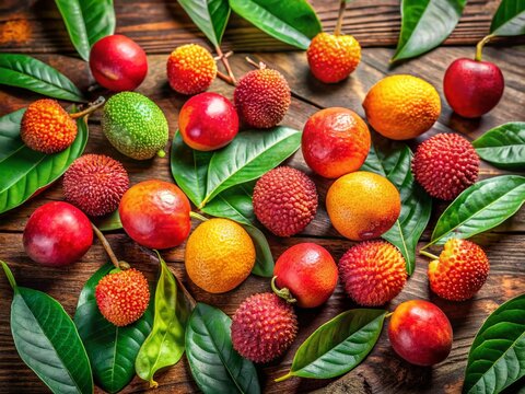 Fresh Ripe Corossol Fruit on Rustic Wooden Table with Lush Green Leaves - Aerial View