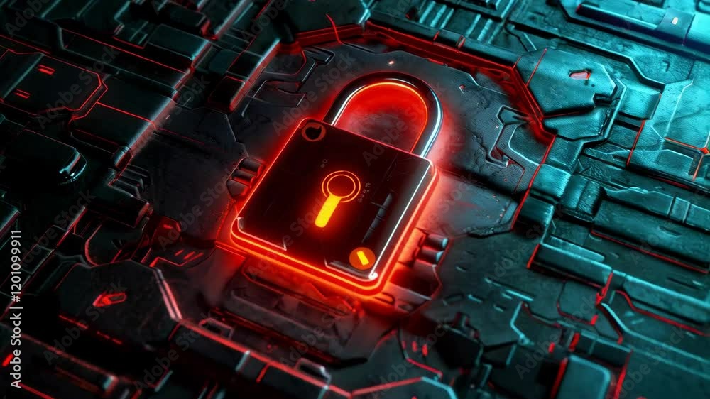 Poster a lock on a computer motherboard or hardware device. security hardware and software concept.