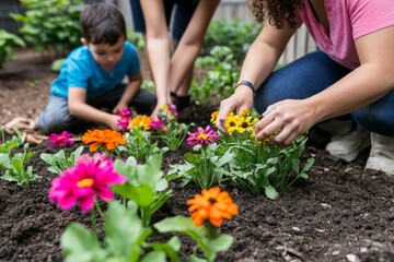 A family of three is engaged in planting vibrant flowers in their backyard garden, showcasing teamwork and fondness for gardening. The child helps dig and place flowers alongside two adults