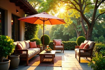 Fototapeta premium Sun-drenched patio with comfortable seating, shared drinks, flowers, garden, warm