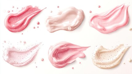 59.A set of detailed cosmetic swatches, showcasing creamy scrubs with scrubbing particles of various sizes. Each smear is highlighted with soft shadows and glossy accents, placed on a transparent