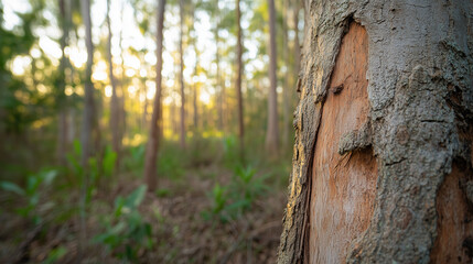 Obraz premium Tree bark with sunlight shines through woods in serene view at golden hours, creating peaceful and calm ambiance with natural touch