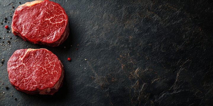 Raw marbled beef fillet steaks laid on a dark slate surface with scattered peppercorns and ample negative space on the right for advertising text