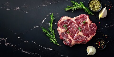 Obraz premium Raw marbled Ossobuco steak seasoned with herbs on a dark marble surface with rosemary and spices arranged around for culinary banner or recipe design.