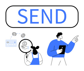 Online money transfer with person holding tablet, examining payment methods and currency transaction details. Ideal for finance apps, digital banking, e-commerce, financial consulting, fintech