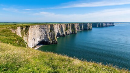 Obraz premium Scenic coastal cliffs under a clear blue sky by the sea.