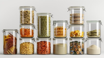A collection of stackable glass jars with snap-lock lids, filled with dry pasta and grains. The uniform arrangement creates a tidy, organized look.