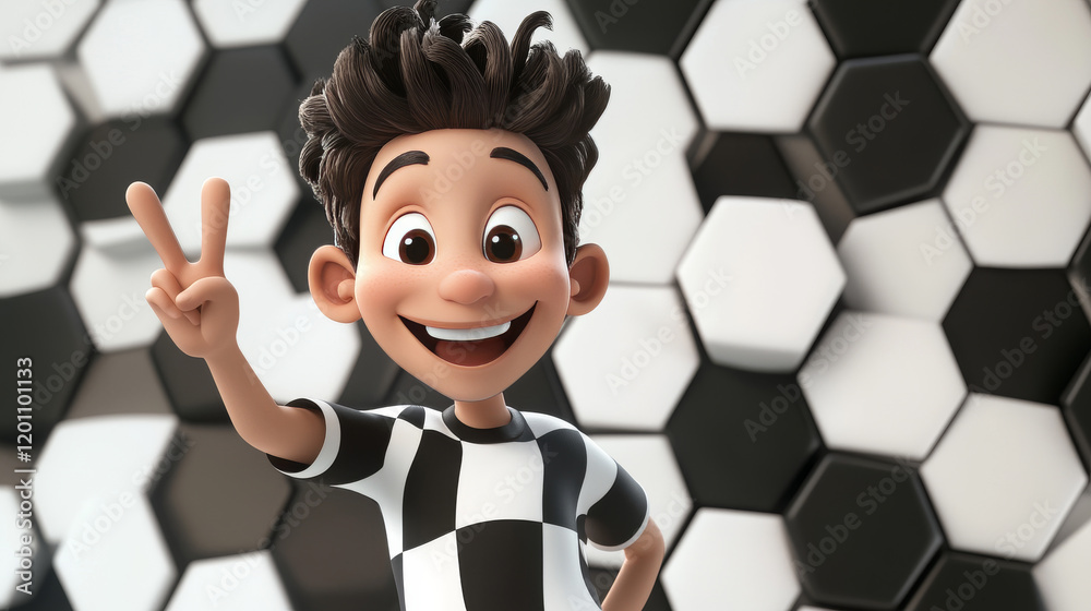 Fototapete Cute number 2 cartoon character with a black and white hexagonal soccer pattern waving a v-sign at the camera with a happy smile, vector illustration on white