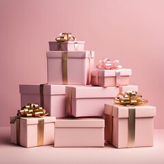 Obraz premium Pink Gift Boxes with Gold Accents: A delightful collection of pink gift boxes adorned with golden bows and ribbons creates a festive and celebratory atmosphere.