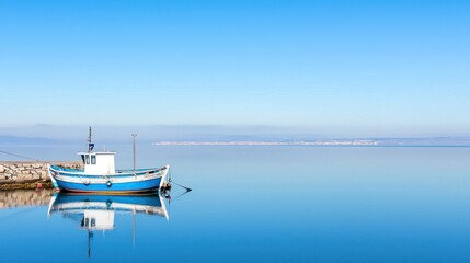 Obraz premium A serene fishing boat reflected in calm blue waters under a clear sky.