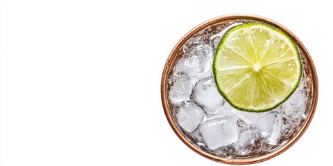 Moscow mule cocktail in a copper mug on ice with a lime slice, top view on a white background with ample copy space for text.