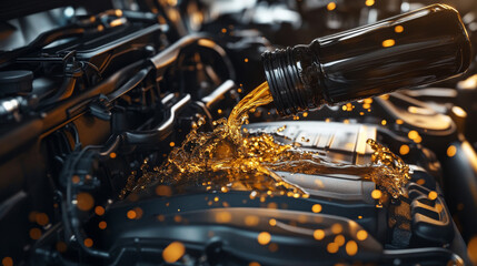 Car engine motor oil, 3d lubricant splash and bottle vector banner. Realistic plastic black can of auto engine or vehicle motor oil with golden yellow splash, swirl and drops of synthetic lubricant