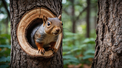 Curious squirrel peeking from a tree hollow in a lush forest.  A charming woodland creature.