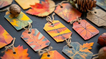 Autumn sale tag and label set with fall leaf. Special offer of discount price badge with autumn foliage of forest tree, acorn branch and ribbon banner for seasonal shop promotion, retail themes design