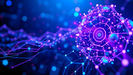 Obraz premium Abstract technology background. Artificial intelligence. Science background. Big data visualization. 3D rendering. Blue and purple simple. Generative AI