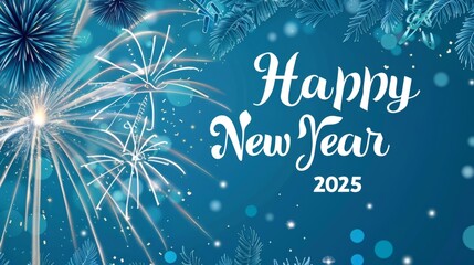 TEXT "Happy New Year 2025 " Festive Fireworks Background Greeting Card Banner 