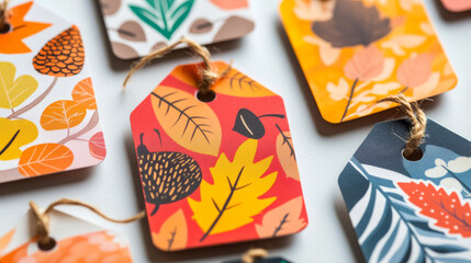 Obraz premium Autumn sale tag and label set with fall leaf. Special offer of discount price badge with autumn foliage of forest tree, acorn branch and ribbon banner for seasonal shop promotion, retail themes design