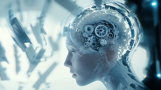 Thinking. A brain with gears is shown in a silver color