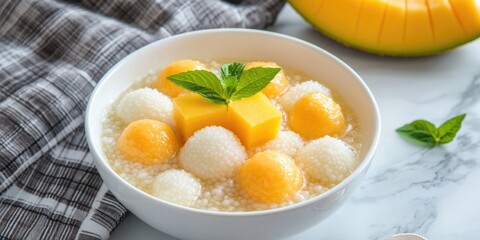 Sago dessert in coconut milk with mango and cantaloupe balls in a white bowl on a marble table with a plaid cloth in soft natural light