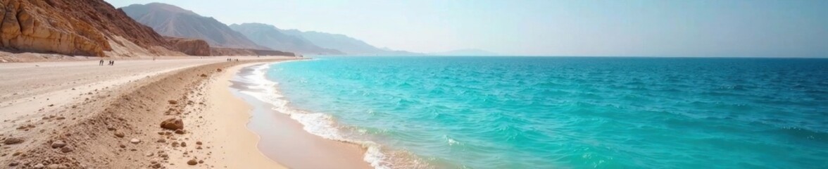 Fototapeta premium Dead Sea's glistening, mineral-rich shore, stark landscape , shore, horizon