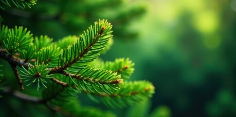 Deep green pine branches, lush texture, natural light, nature, rustic, card