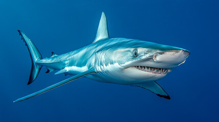 Fototapeta premium Danger blue shark in cartoon style isolated on white background