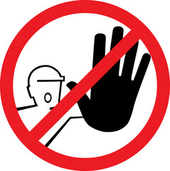 Forbidden sign do not enter construction site with worker with helmet stretching arm with hand. Illustration made January 17th, 2025, Zurich, Switzerland.