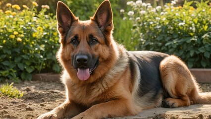 Red and black german shepherd dog lying outside in the garden