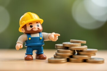 Obraz premium Cute Toy Builder with Stack of Coins: Ideal for Illustrating Financial Growth, Savings, and Construction Themes in Stock Images