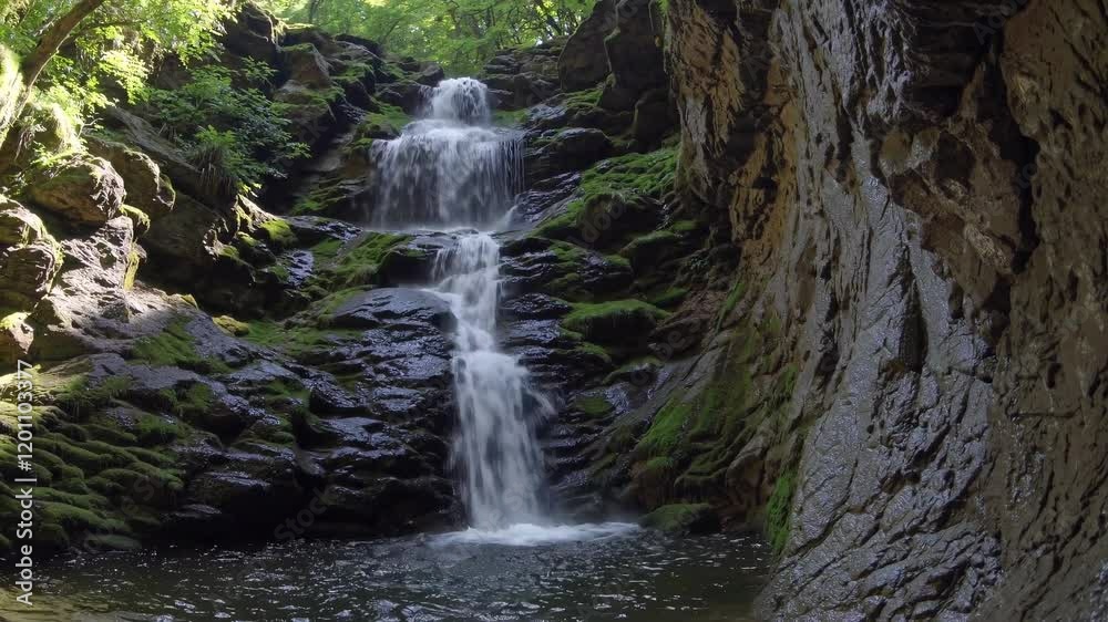 Poster beautiful waterfall flowing through lush greenery in a serene forest setting