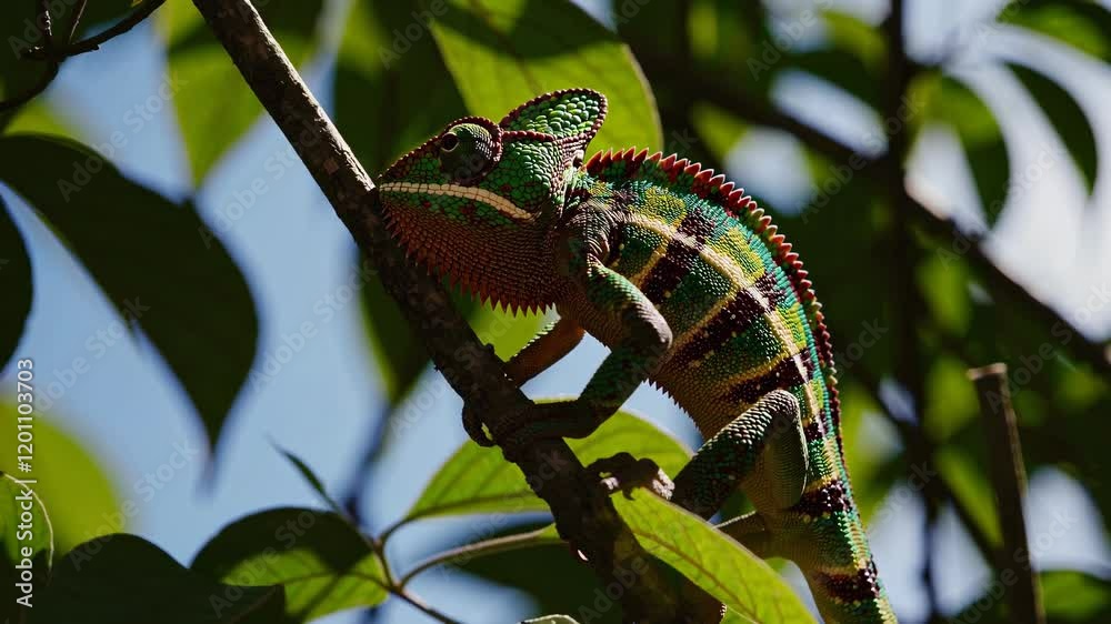 Poster colorful chameleon climbing a branch in a lush green environment during midday